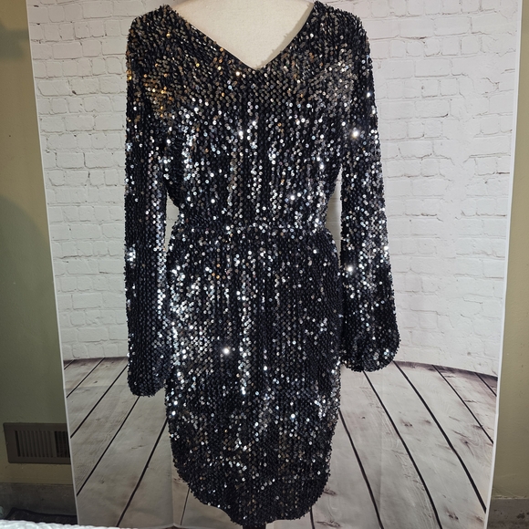 ICHI Denmark Black Silver Sequin Long Sleeve Mini Dress Open Back Party  Size M